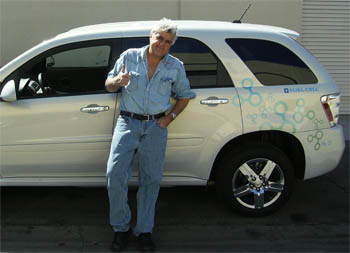 Jay Leno is one of the high-profile volunteers who drive the fuel cell Equinox. Drivers report back to GM about their experiences and problems with the cars—and also help promote them. (Photo courtesy General Motors.)