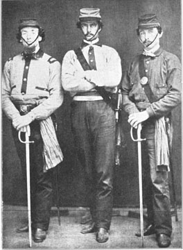 Captains of the University of Michigan's three 'guards'—Charles Kendall Adams, '61 [University Guards]; Isaac H. Elliott, '61 [Chancellor Greys]; and Albert Nye, '62 [Ellsworth Zouaves].