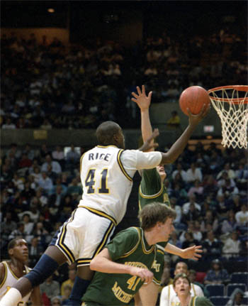 Glen Rice dominated the 1989 NCAA Tournament, scoring 184 points in six games, a record that still stands, and earning Most Outstanding Player honors. (Photo: Bob Kalmbach, U-M Photo Services. Image courtesy Bentley Historical Library.)