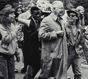 President Fleming and demonstrators during his second term as U-M President, 4/15/88