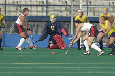 With Ann Arborite Maureen Tasch in goal, the 2001 Wolverine field hockey team won eight shutouts on their way to the first national title for a U-M women's team ever. (Photo: U-M Athletic Media Relations.)