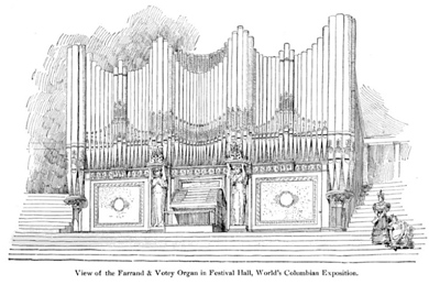 Built in Detroit, the organ was acclaimed as the finest pipe organ in the world at the Chicago World's Columbian Exhibition in 1893. This drawing shows it in its setting at the Exposition.