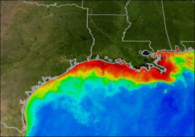 The red and yellow areas show the approximate boundaries of a Gulf of Mexico dead zone from several years ago. (Graphic courtesy of NASA/Goddard Space Flight Center Scientific Visualization Studio.)