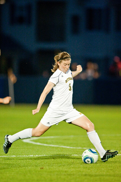 Senior captain Jackie Carron brings talent and experience to Michigan's back line. In addition to playing for the Wolverines, she's on the US Under-23 national team. (Photo: Scott Galvin, U-M Photo Services.)