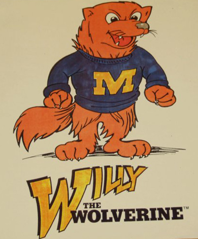 cartoon drawing of Willy the Wolverine in M sweater