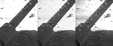 a photo series taken on mars of the Mars Phoenix lander's struts, with drops of liquid water forming