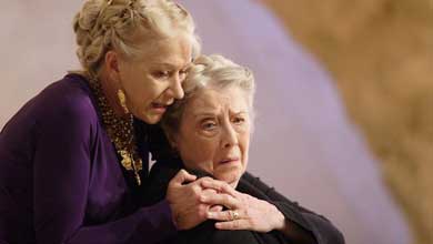 Helen Mirren and Margaret Tyzack in the London National Theatre's live broadcast of 'Phedre.' Unlike previous attempts to present stage plays to movie audiences, the National Theatre brings dynamic cameras close to the action.