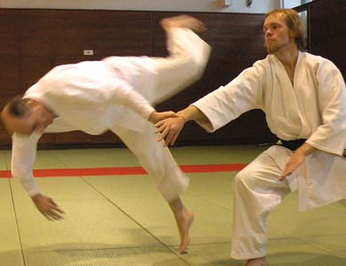 Hoekstra throws instructor Thierry Comont while studying martial arts at Japan's International Budo University. (Image courtesy of Nick Hoekstra.)