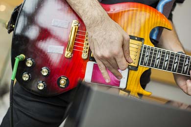 Second-place winner Chaos Pad is a multi-touch, wireless effects processor for guitar, created by a team from U-M. (Photo: Joseph Xu.)