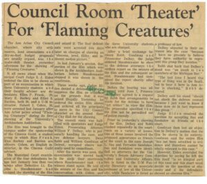 Mary Barkey was co-chair of the Cinema Guild for the 1966-67 season. She was arrested after the showing of 'Flaming Creatures.'