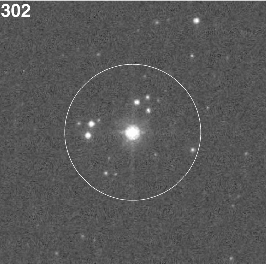 Star 302 as viewed through the Hubble Space Telescope, which can zoom in roughly 40 times closer.  From the ground, everything within the circle appears to be one star. Courtesy of Joel Lamb