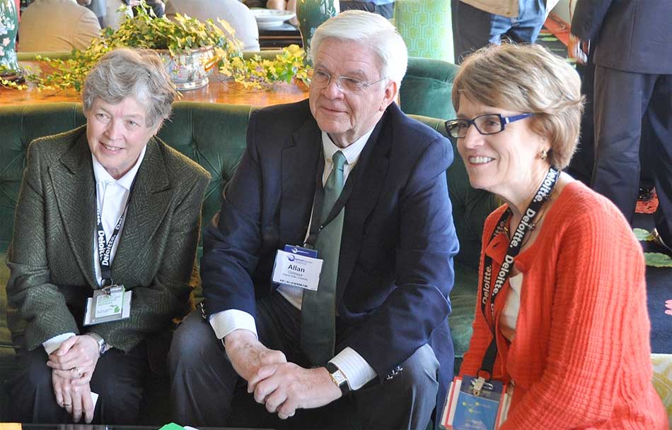 MSU president Lou Anna Simon, Wayne State President Alan Gilmour and Mary Sue Coleman meet with media at the Mackinac Policy Conference to discuss the University Research Corridor's new report about the information and communication technology industry. Credit: U-M News Service 