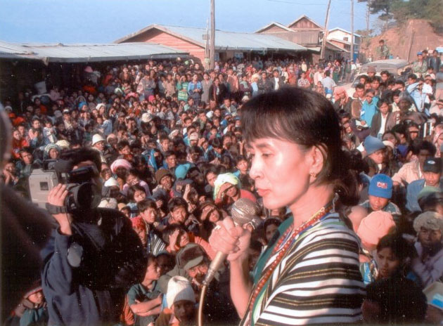 Aung San San Kyi at a Rally in Chin state. Image courtesy of Burma Campaign UK