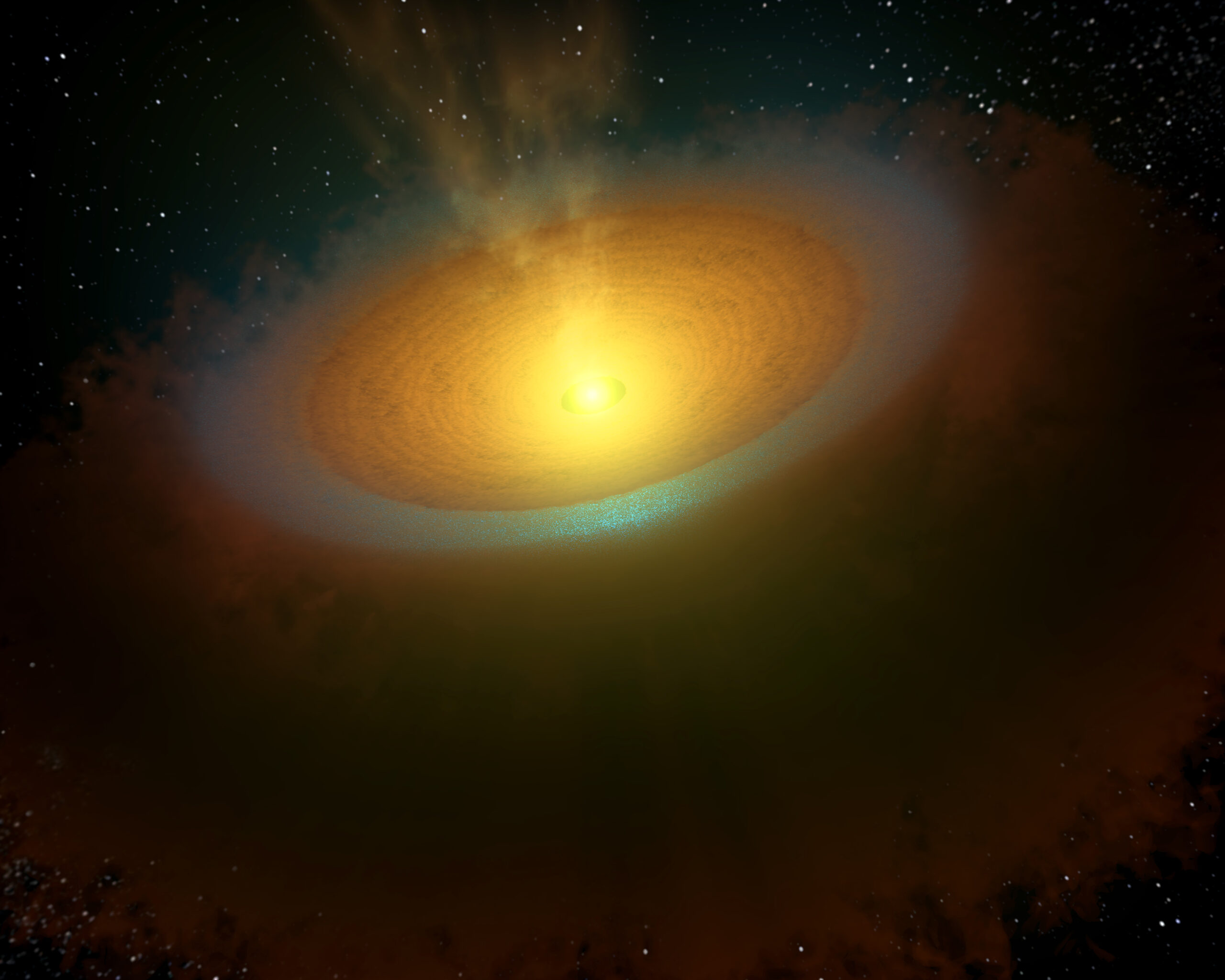 An illustration depicting the sprawling cloud of cold water vapor that astronomers have detected around the burgeoning solar system at the nearby star TW Hydrae. The cold water vapor could could eventually deliver oceans to dry planets that are forming in the system. Credit: NASA/JPL-Caltech/T. Pyle (SSC/Caltech)