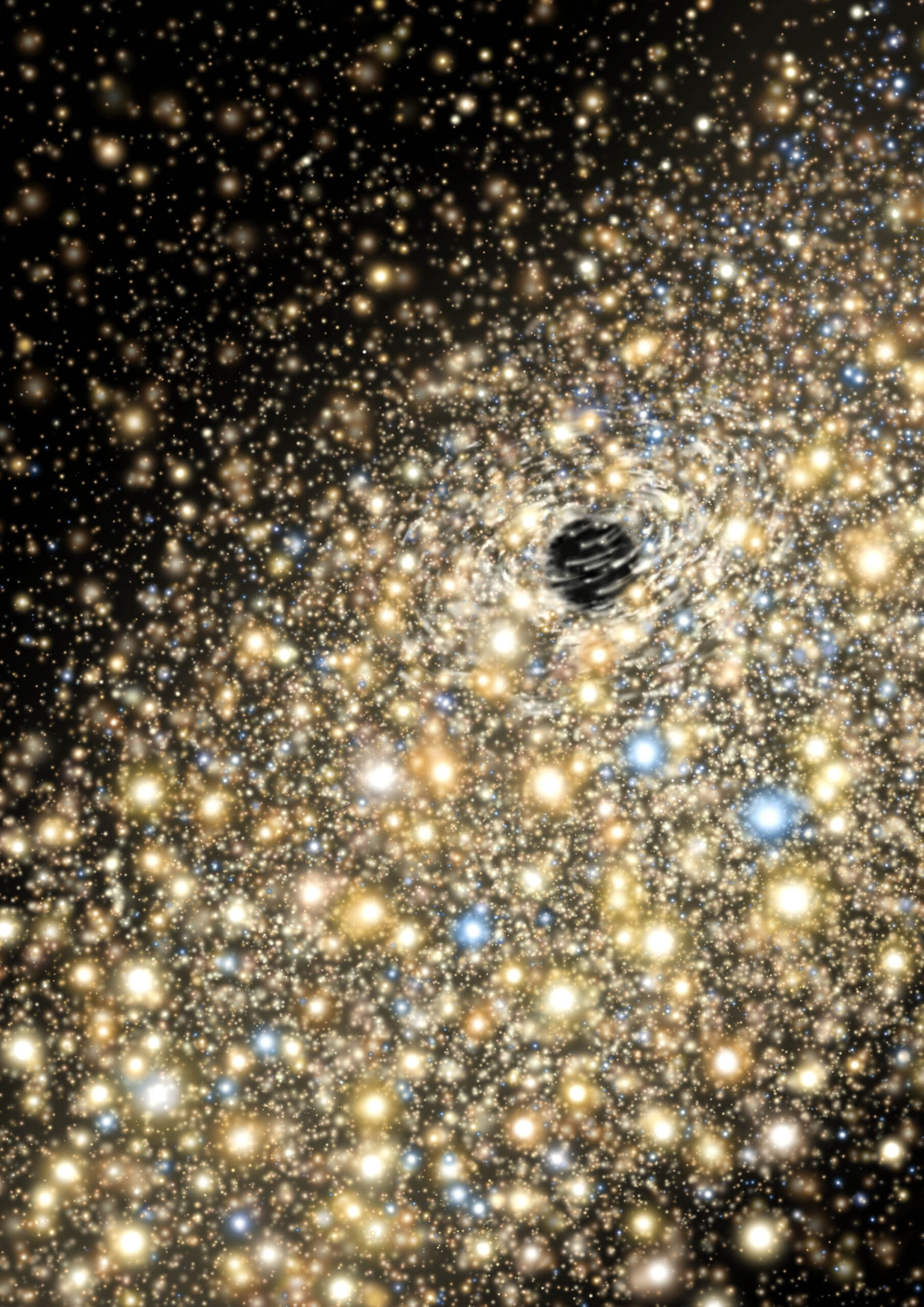 Artist's conceptualization of the stellar environment around a black hole of about 10 billion solar masses. The velocity of stars in orbit (and close to) the black hole help to determine its mass. Gemini Observatory/AURA illustration by Lynette Cook.