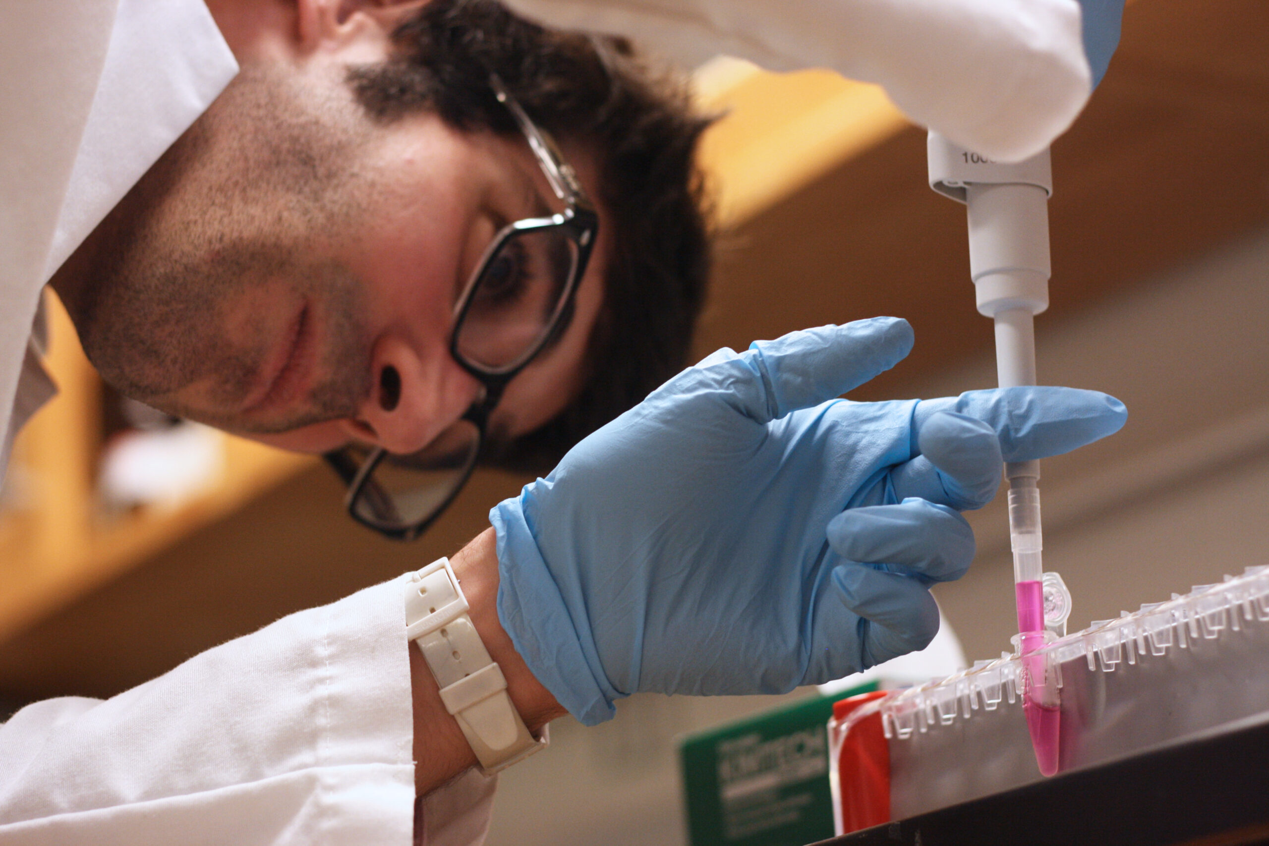 Remy Elbez, a doctoral student in applied physics, takes a sample of a solution that contains magnetized cervical cancer cells. He will place several drops of the solution in a special magnetic field. Then, after placing the whole apparatus under a microscope, he can watch the cells spin on a screen and determine their shape and status from their rotation rates. This new technique could help doctors understand the process of cancer metastasis. Photo by Nicole Casal Moore