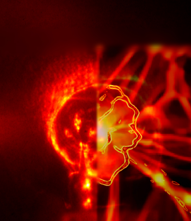 This composite image shows a laser-produced shock wave on the left side. Brighter colors show the shock region of higher density or temperature. The right side shows a simulation of a shock wave collapsing, as it would have during the pre-galactic phase in the universe. A. Ravasio (LULI), A. Pelka (LULI), J. Meinecke (Oxford), C. Murphy (Oxford), and F. Miniati (ETH).