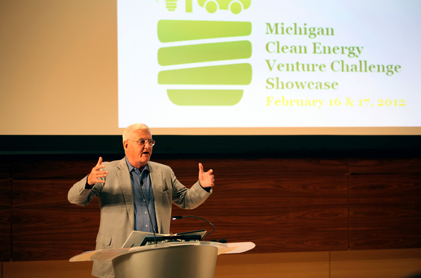 Bob Lutz, retired vice chairman at GM, addressed a packed room at the final rounds of the Clean Energy Venture Challenge. Image credit: Marcin Szczepanski
