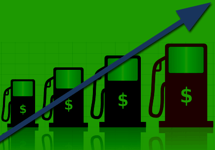 Illustration depicting gasoline pumps increasing in size with an arrow to convey trend