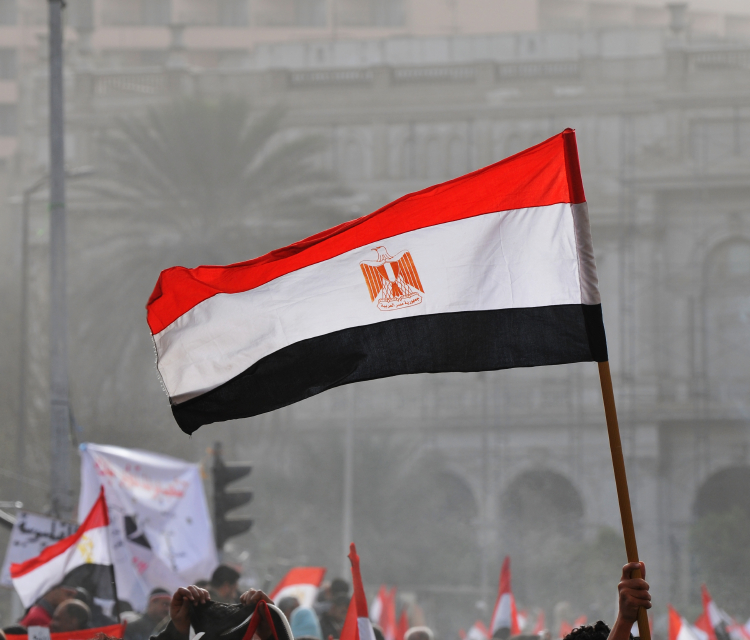 At a demonstration in Cairo's Tahrir Square, an Egyptian flag is raised above the crowd. Image credit: iStock Photo