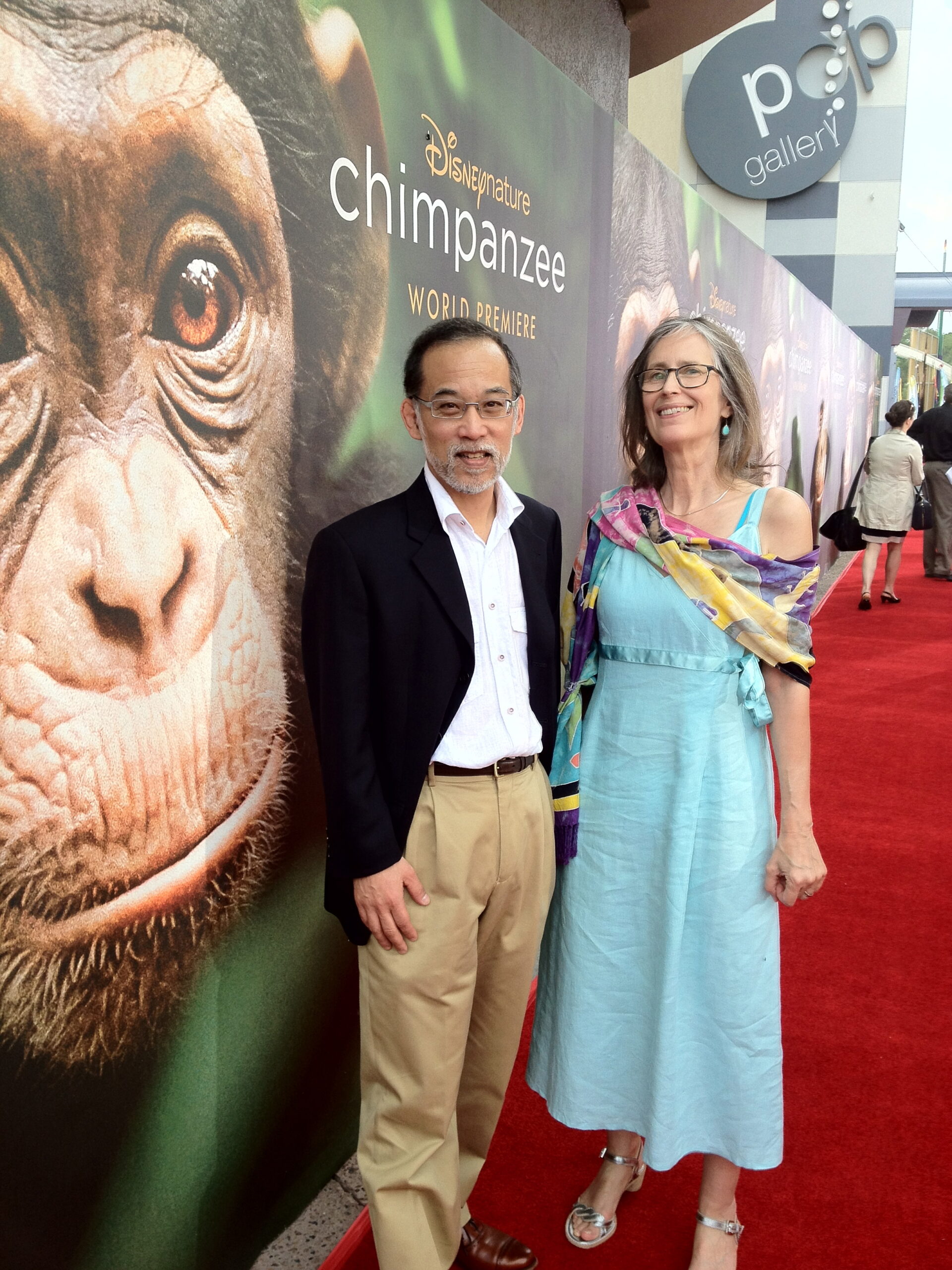 U-M anthropologist John Mitani and wife Sally Mitani on the red carpet at the world premier of the DisneyNature movie "Chimpanzee".