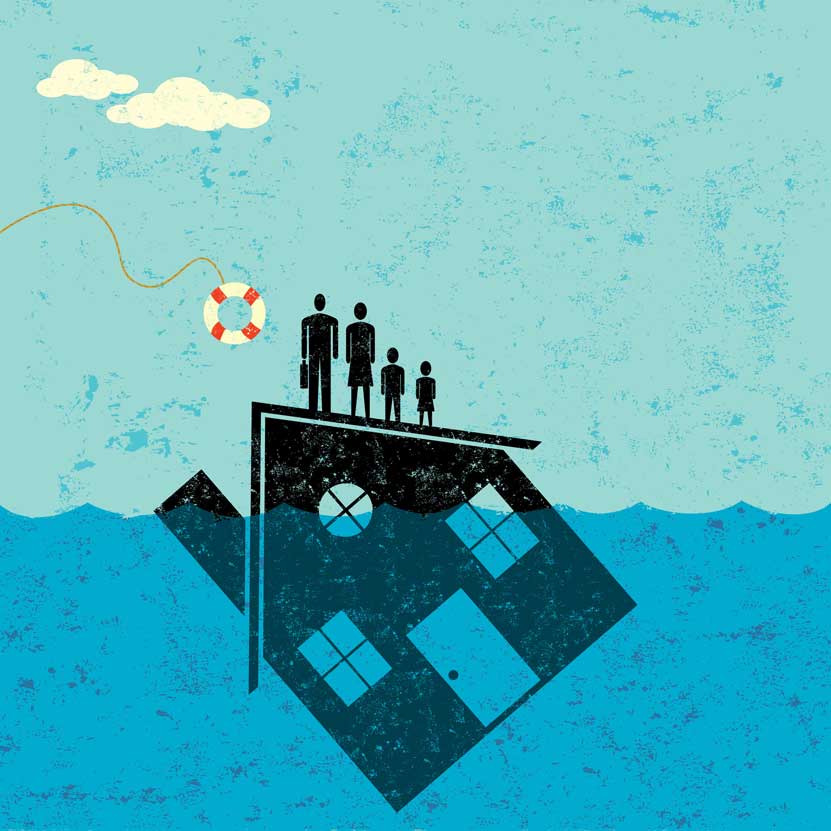 Illustration of a family atop a sinking house (stock image)