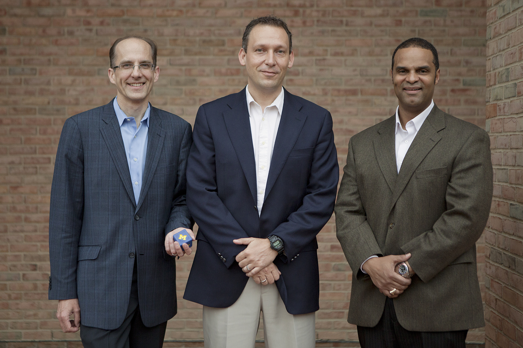 MCubed, the University of Michigan's new real-time research funding initiative, was spearheaded by three engineering faculty members: Mark Burns, chair of chemical engineering; Thomas Zurbuchen, associate dean for entrepreneurial programs, and Alec Gallimore, associate dean for research and graduate education. Image credit: Laura Rudich, U-M College of Engineering