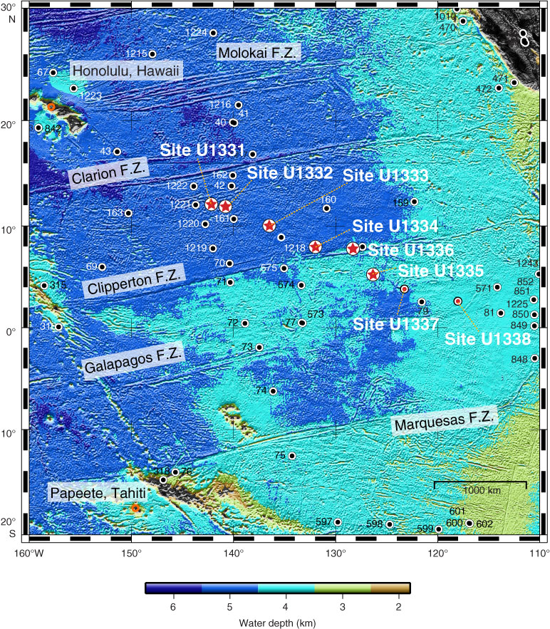 Map of drilling sites. Image credit: Integrated Ocean Drilling Program/United Stated Implementing Organization (IODP/USIO)