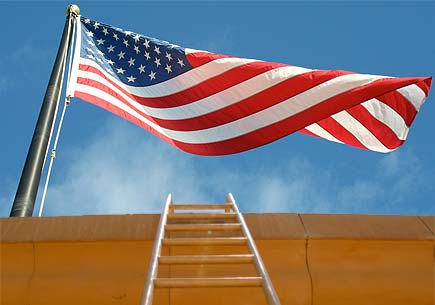 Composite image of a ladder beneath a waving American flag. Images by sxc.hu users hlee3787 and asifthebes