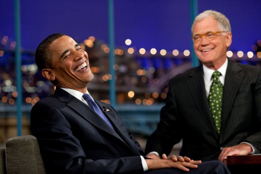 President Barack Obama laughs during the taping of his appearance on the "Late Show with David Letterman" in New York, Monday, September 21, 2009. Official White House Photo by Pete Souza