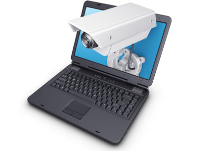 Illustration of a black laptop and security camera. (stock image)