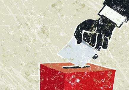 Illustration of a hand dropping a ballot into a box. (stock image)