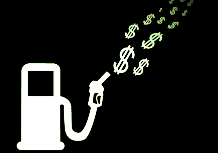 Illustration depicting gasoline pump spewing cash into the sky. (stock image)