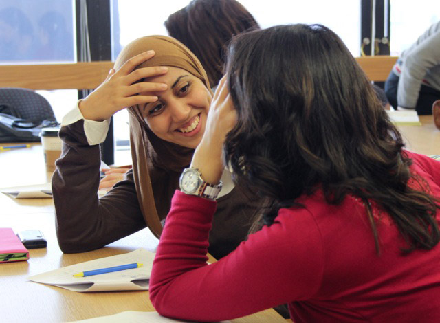 Nada Heggy, an Egyptian entrepreneur, takes part in an active listening exercise with other program participants.  Photo by Eva Menezes