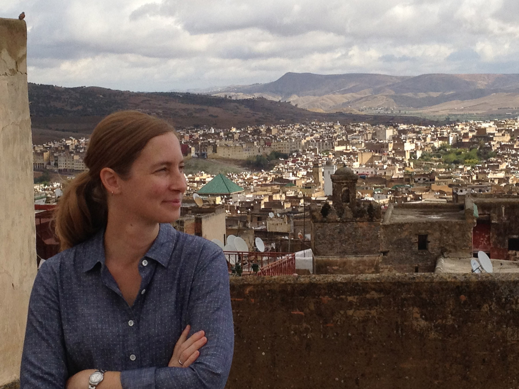 Fulbright grantee Andrea Urbiel Goldner, who teaches in the School of Natural Resources and Environment, on the roof of her house in Fes, Morocco, where she is studying landscape architecture.