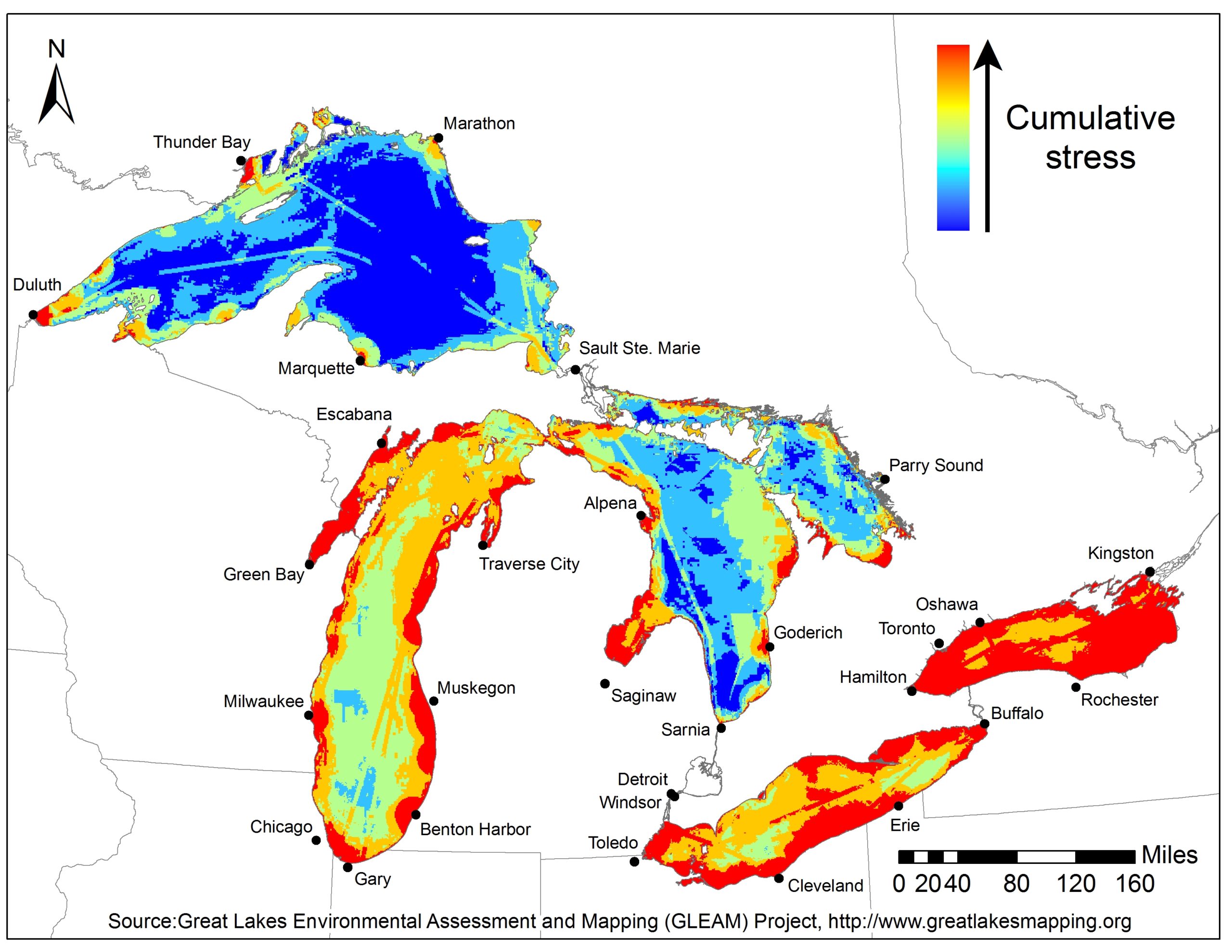 Great Lakes Cumulative Stress Map. Image courtesy of GLEAM