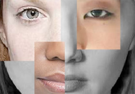 Photo collage of several faces forming one face with mixed feautres
