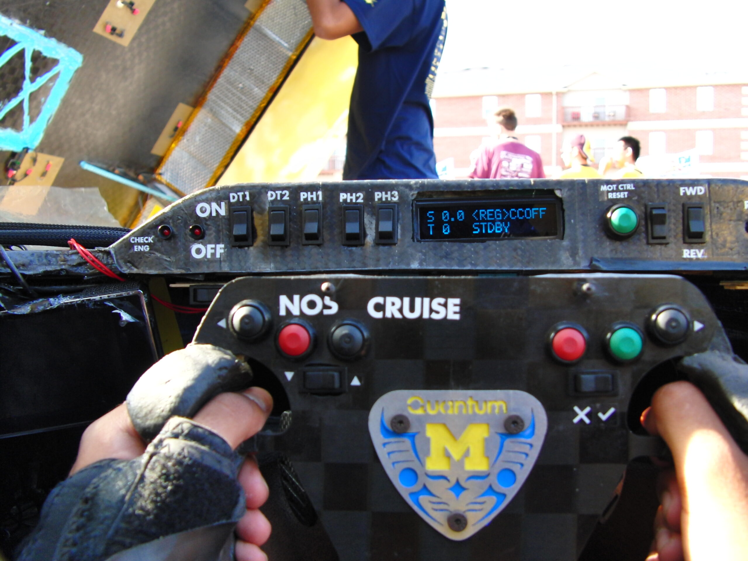 Photo of the U-M Solar Car dashboard and steering wheel
