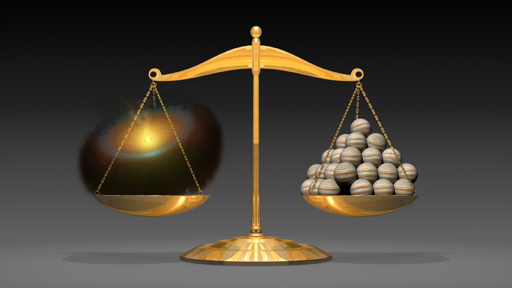 This artist's illustration shows a planetary disk that weighs the equivalent of 50 Jupiter-mass planets. It demonstrates a first-of-its-kind feat from astronomers using the Herschel Space Observatory. The scientists were able to weigh the planet-forming contents swirling around a young star with the most precision yet. The observations revealed enough gas to make the equivalent of 50 Jupiters, or five solar systems like our own. Herschel is a European Space Agency mission with important NASA participation. Image credit: NASA/JPL-Caltech