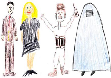Crude drawings of stereotypical Caucasian and Arab men and women