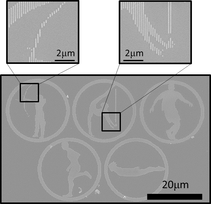 Detail images of the Olympic rings, as viewed through a scanning electron microscope. The magenta color in the bow is produced with several short lines, as small as 100 nanometers long and 60 nanometers wide, demonstrating ultra-high color resolution. The purple color in the gymnast's rope is produced by just two nanoscale grooves. Image credit: Jay Guo, College of Engineering