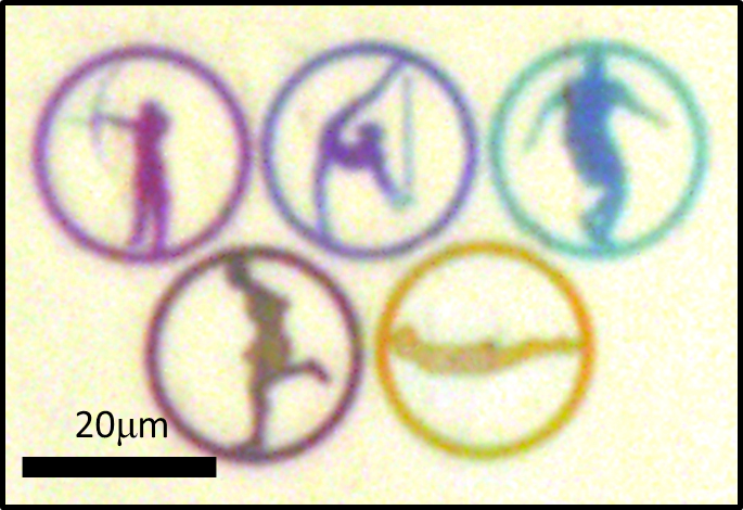 University of Michigan researchers created the color in these tiny Olympic rings using precisely-sized nanoscale slits in a glass plate coated with silver. Each ring is about 20 microns, smaller than the width of a human hair. They can produce different colors with different widths of the slits. Yellow is produced with slits that are each 90 nanometers wide. The technique takes advantage of a phenomenon called light funneling that can catch and trap particular wavelengths of light, and it could lead to reflective display screens with colors that stay true regardless of the viewer's angle. Image credit: Jay Guo, College of Engineering