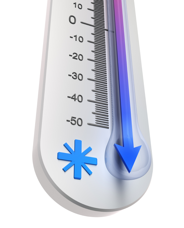 3D render of a thermostat showing a low temperature. (stock image)