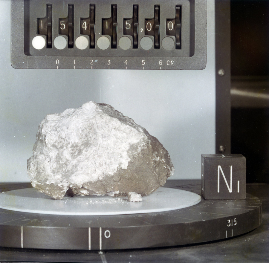   Called the "Genesis Rock," this lunar sample of unbrecciated anorthosite collected during the Apollo 15 mission was thought to be a piece of the moon's primordial crust. In a paper published online Feb. 17 in Nature Geoscience, a University of Michigan researcher and his colleagues report that traces of water were found in the rock. Photo courtesy of NASA/Johnson Space Center