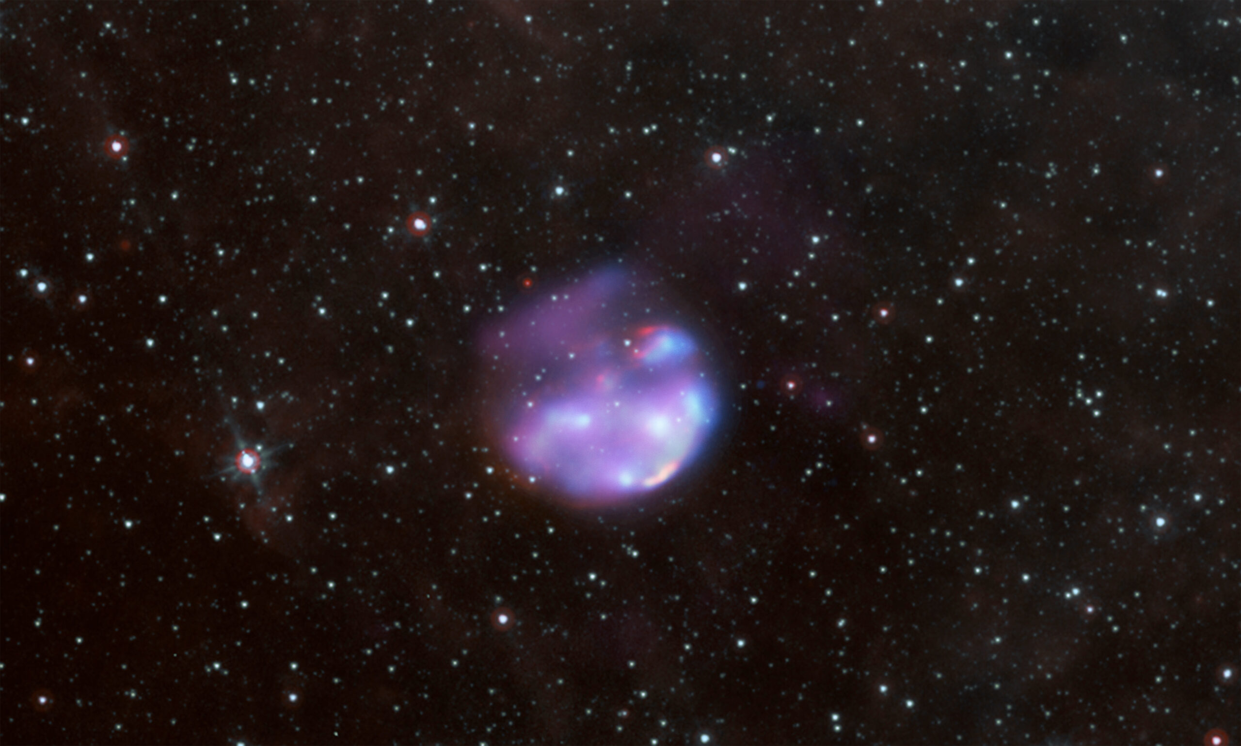 A composite image of the remains of a young supernova, approximately 26,000 light years away in the constellation Centaurus. Emissions are represented in blue from X-rays, red and cyan from infrared and purple from radio. The remnant, about 150 light years across, is a hot cloud of iron, neon, silicon and sulfur, among other elements. Credit: X-ray: NASA/CXC/Univ. of Michigan/M. Reynolds et al; Infrared: NASA/JPL-Caltech; Radio: CSIRO/ATNF/ATCA