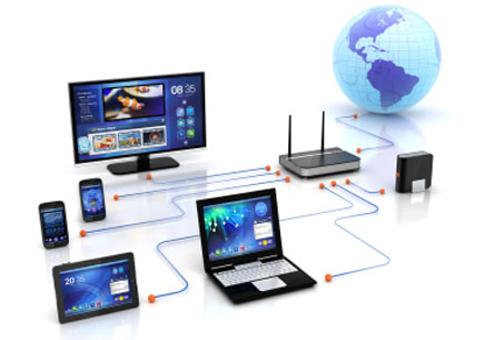 Wifi router connectivity to smart tv streaming, digital HDD storage, PCs & laptops, smartphones and tablet PC (stock image)