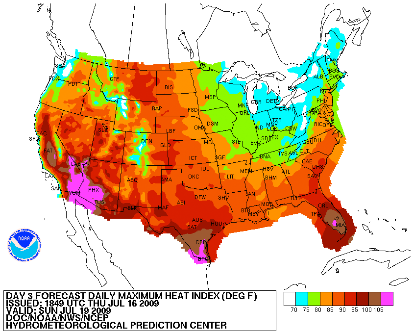 Heat Index forecast map for the contiguous United States. Image courtesy National Weather Service