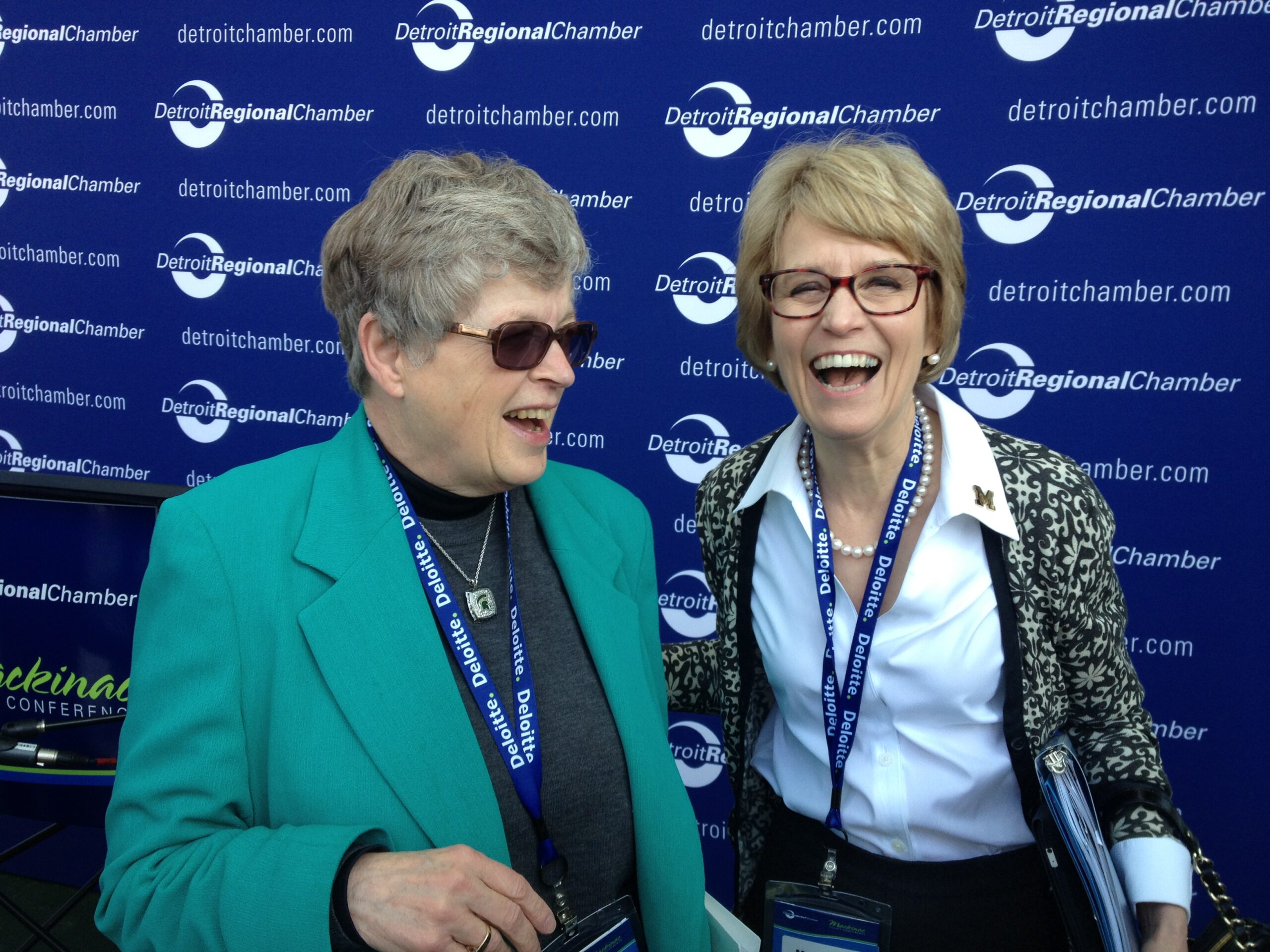 MSU president Lou Anna Simon with Mary Sue Coleman at the 2013 Mackinac Policy Conference. Image credit: John Russell, URC