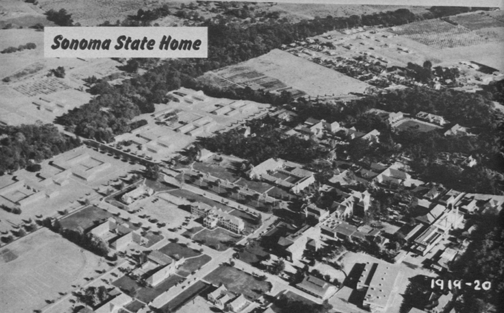The Sonoma State Home, located at Eldridge, California. Image published in the Biennial Report for 1950-1952 by State of California Department of Mental Hygiene and provided by Alex Wellerstein.