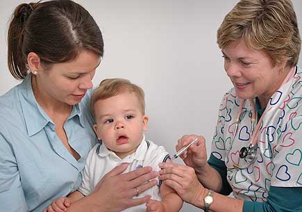 Held by his mother, this seventeen month old infant was receiving an intramuscular immunization in his left shoulder muscle from a qualified nurse. Image credit: James Gathany, CDC